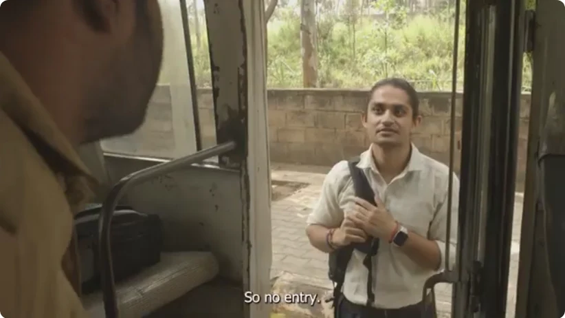 I play Arjun at a bus doorway