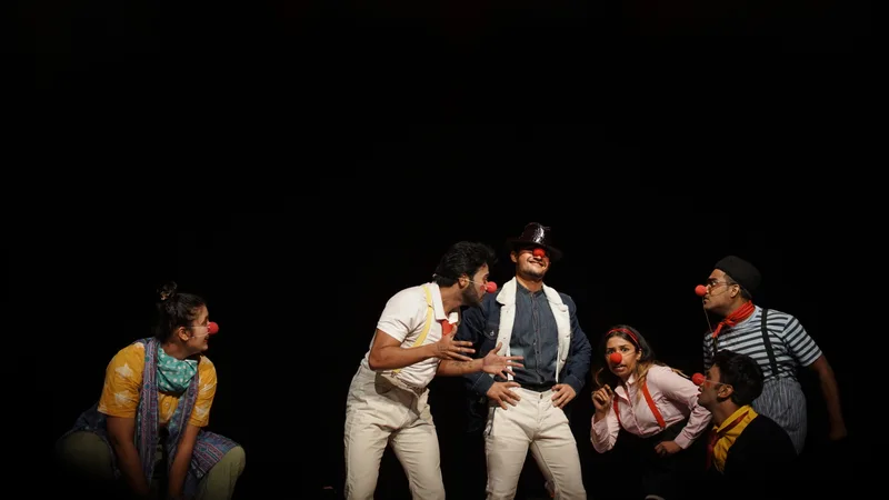 Thrice As Nice: The ensemble gathers around a character in a top hat